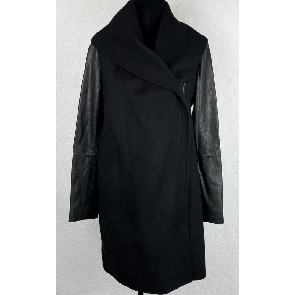 VINCE • Black Leather-Sleeve Shawl Collar Wool Trench Coat, XS - Picture 14 of 15